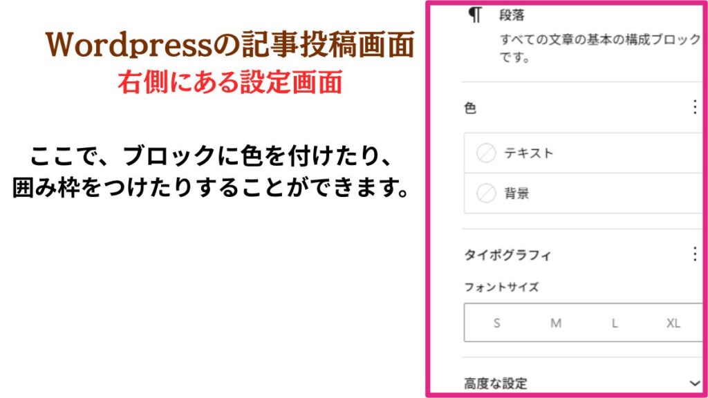記事投稿画面の右側にあるブロックの設定画面の説明画像。